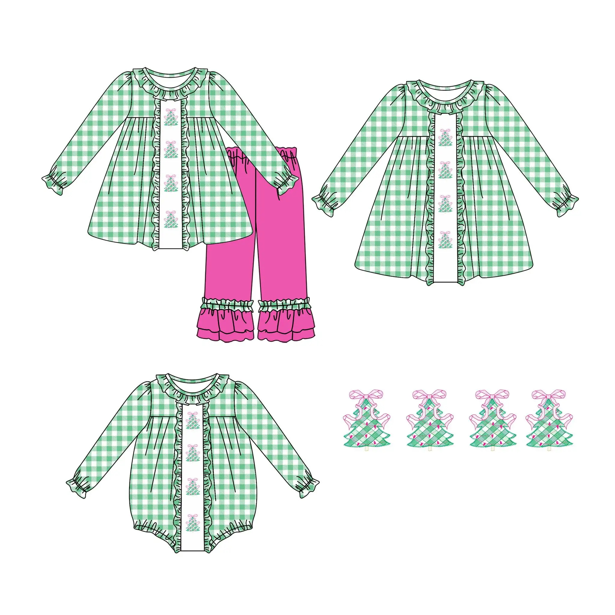 

Christmas Collection Set Children's Clothing Wholesale Christmas Tree Printed Long Sleeve Set Dress Romper Kids Clothes