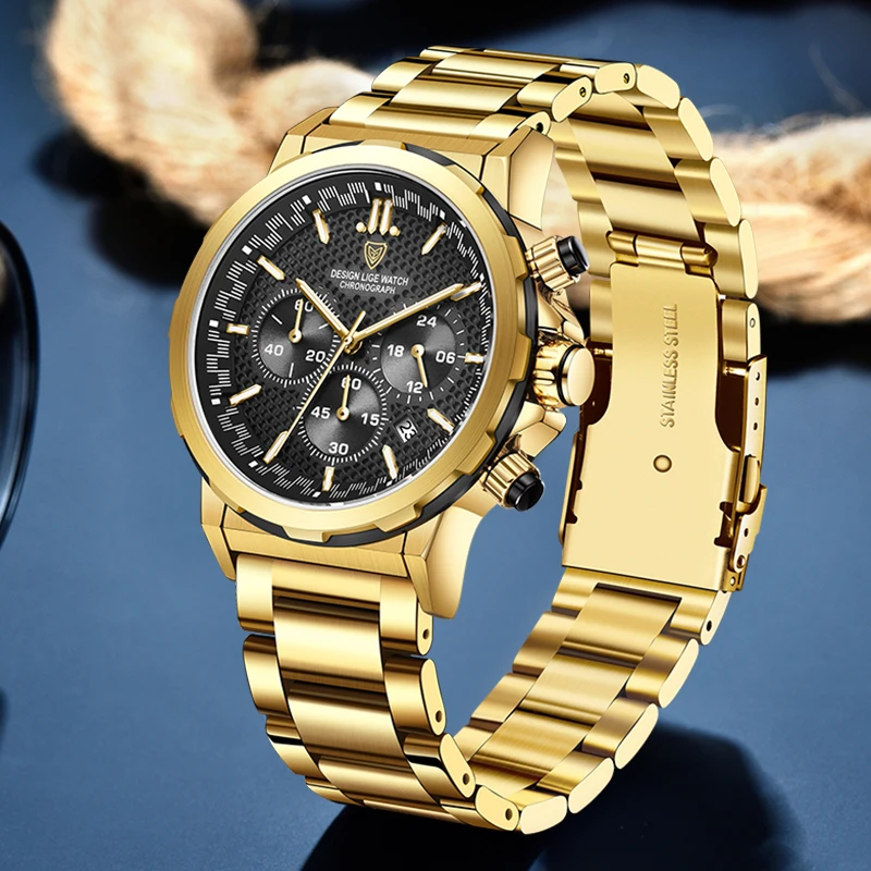 LIGE 2023 New Gold Quartz Watch For Women Top Luxury Women Watch Fashion Waterproof Sport Chronograph Clock Relogios Feminino
