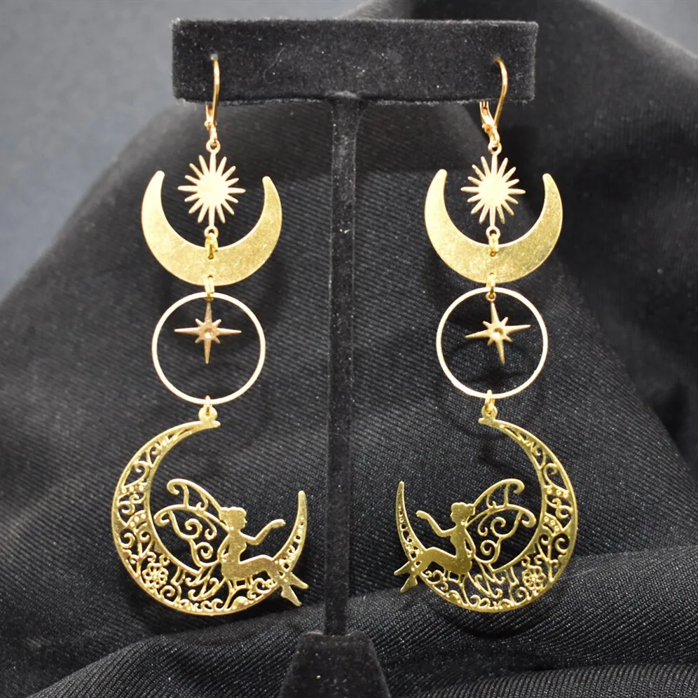 

Moon Fairy Charm Earrings For Women Fashion Bohemian Jewelry Accessories Gold Plated Sun Moon Fairy Pendant Earhook Gift For Her
