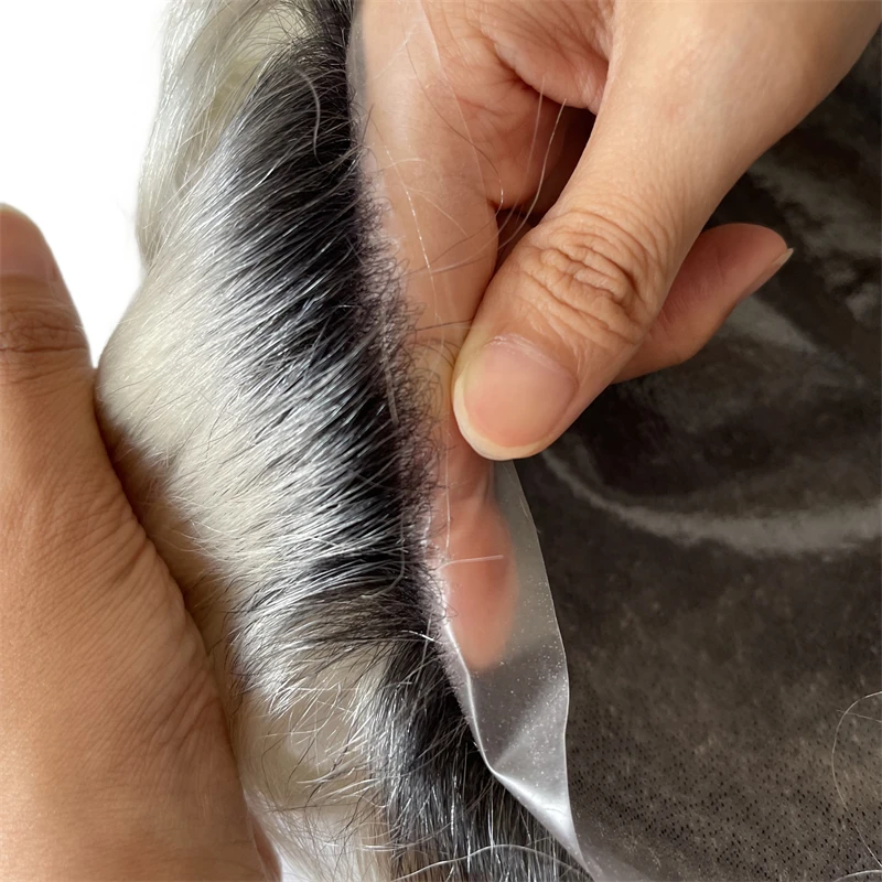European Virgin Human Hair Replacement 32mm Wave Ombre Platinum Color T1b/#60 Full PU Toupee 8x10 Skin Unit for White Men
