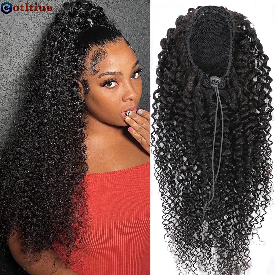 Brizilian Kinky Curly Ponytail Human Hair Natural Color Wrap Around Ponytail Drawstring Puff Clip In Hair Extensions