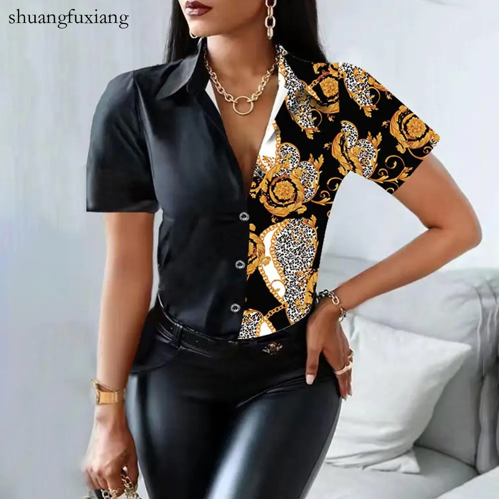 

Short Sleeve Print Patchwork Shirt Blouse Woman Summer Casual Button Shirts New Arrival 2022 Vintage Slim Office Tops Femme
