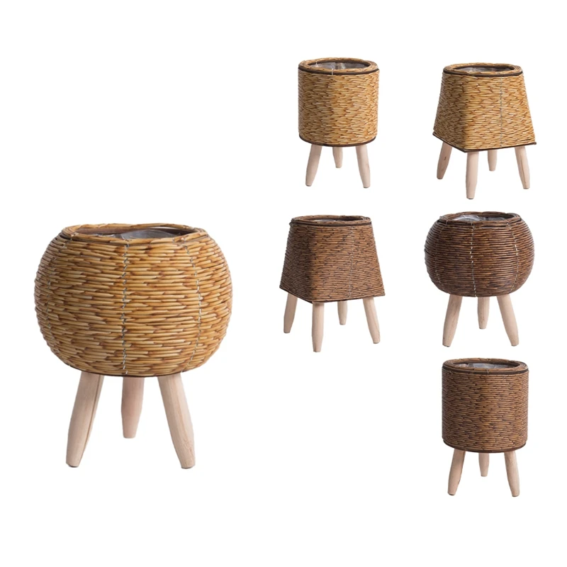 

Vintage Imitation Rattan Woven Flower Shelf Planters Handmade Storage Basket With Wooden Legs Plant Pot Stand Holder