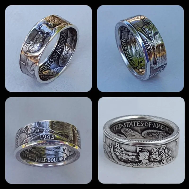 Retro Punk Style Rings for Men Personality Metal Finger Jewelry Old Silver Color Imitation 1945 Half Dollar Design Ring for Men finger ring silver ring