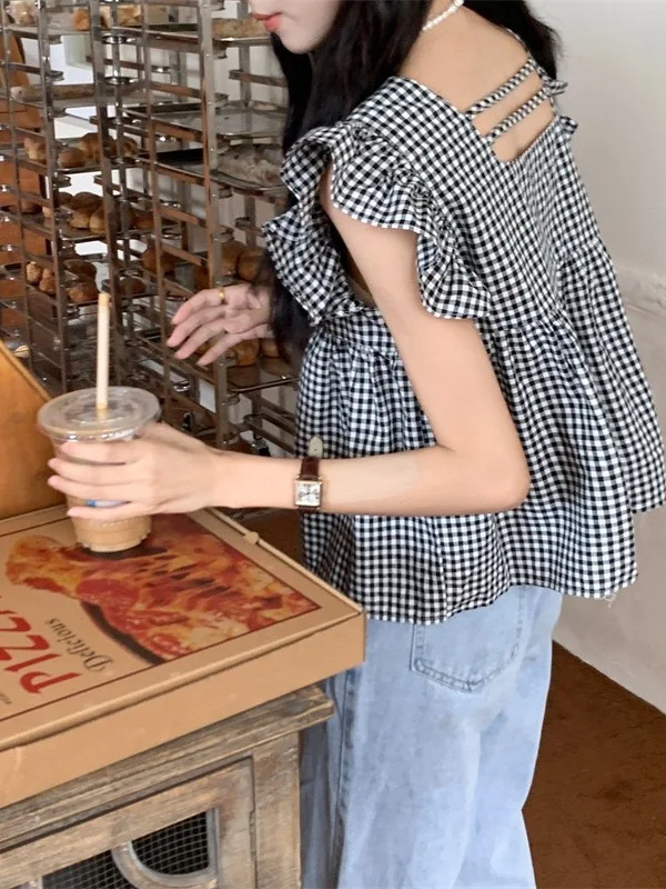 Women's Plaid irt Summer 2025 New Sle Square Collar ort Sve Fly Sve Cheered Top Straight Tube Single Button