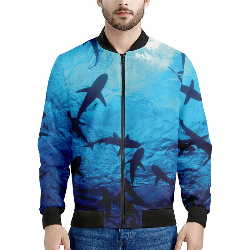 thumbnail image 1 of Chaqueta con estampado de tiburón divertido para hombre, con estampado 3D de animales, mangas largas, para primavera y otoño, chaquetas de gran tamaño con cremallera, abrigo, ropa de calle, 1 of 4