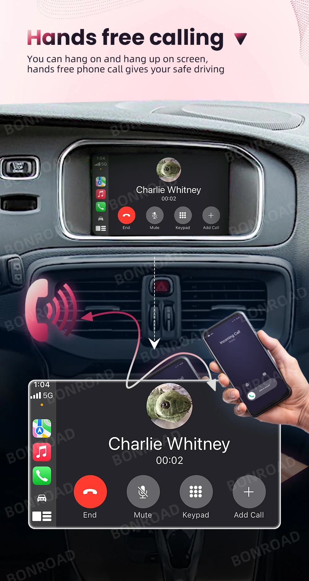 BONROAD Drahtloses Carplay Android-Automodul für Volvo XC60 XC70 S60 S80 V60 V70 V40 2015–2019 mit 7-Zoll-Bildschirm, Bluetooth-Musik – Detail 7