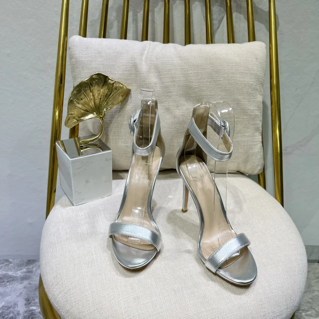 2024 Summer New Genuine Leather High Heels Women's One line Buckle Pointed Thin Heels Versatile Simple Open Toe Sandals