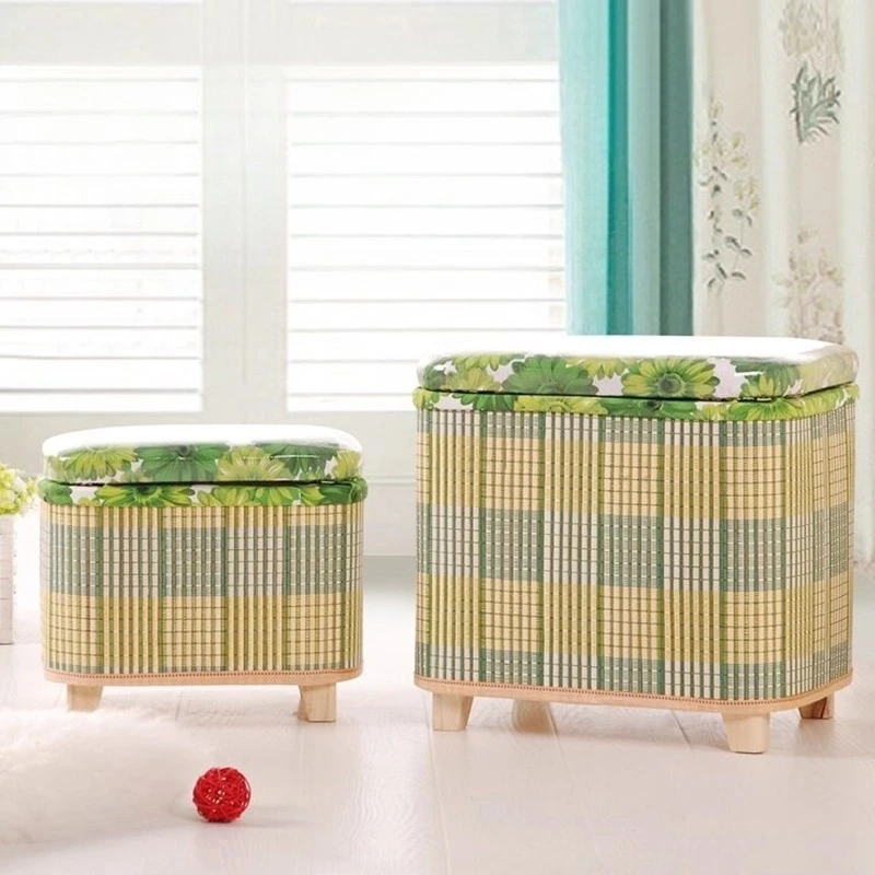 Bamboo Woven Storage Stool and Multi-Functional Wooden Bench