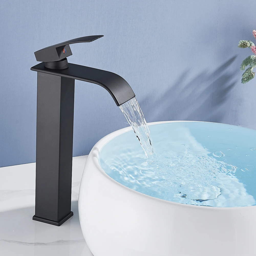 

Vidric Square Chrome and Black Waterfall Basin Sink Faucet Bathroom Mixer Tap Wide Spout Vessel Sink Fauet Hot Cold Water Tap