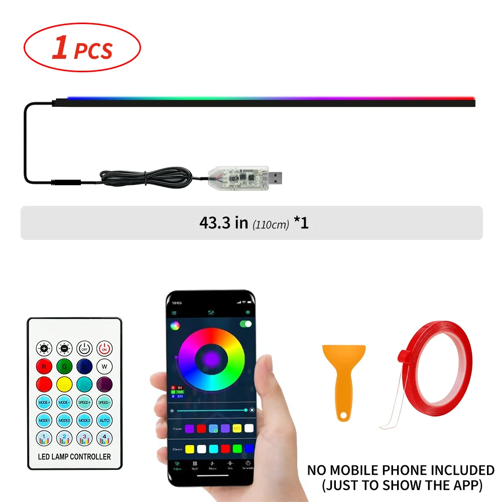 43.31 inch Streamer Car Ambient Lights RGB 64 Color Universal LED Interior Hidden Under Acrylic Strip Symphony Atmosphere Lamp