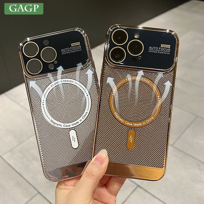 

Bling Plating Heat Dissipation Magsafe Phone Case for iPhone 11 12 13 14 Pro Max 15 Plus Magnetic Charing Cover for iPhone 15Pro