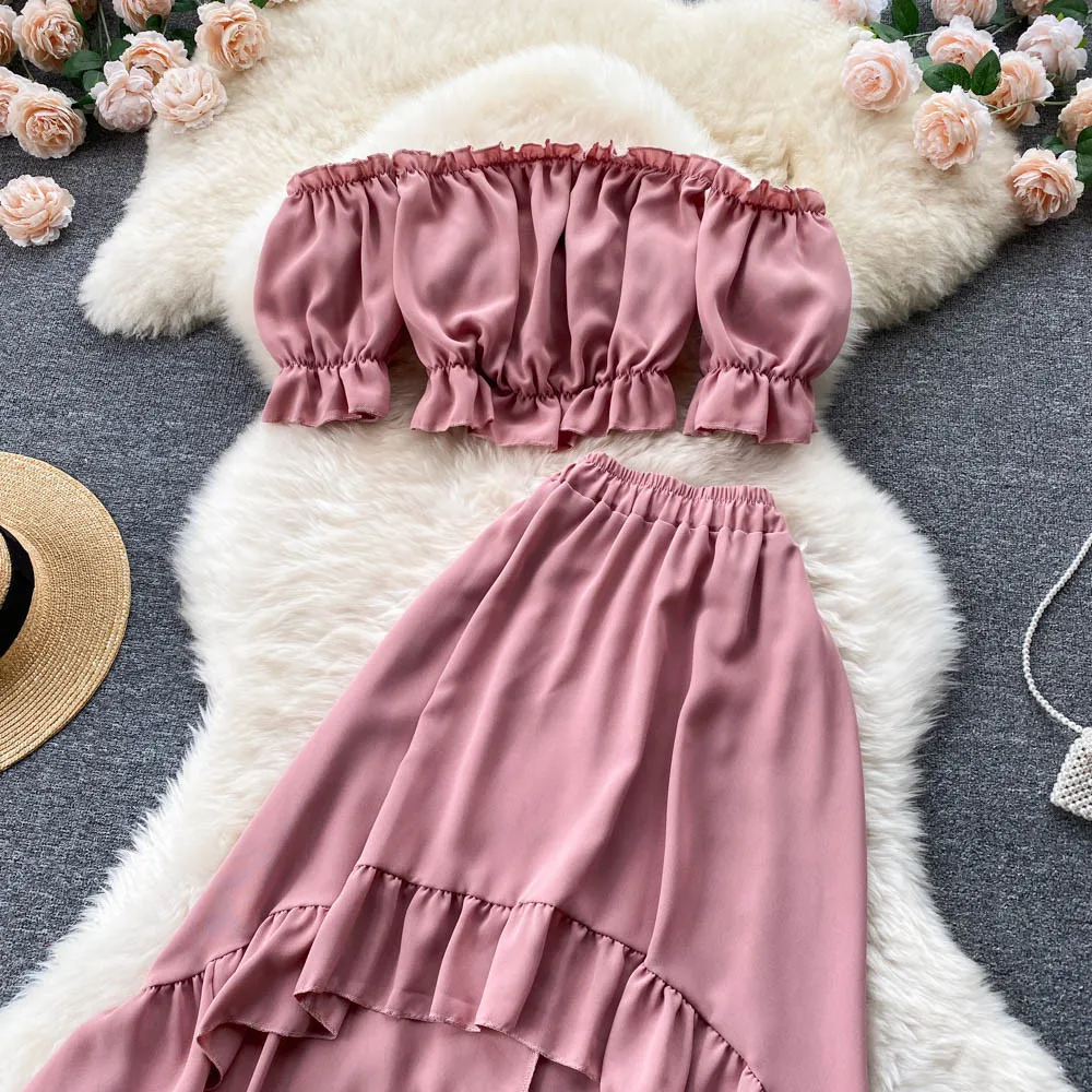 white pant suit Atopos Women Off Shoulder Tops Skirts Suits Sweet Elegant Skirt Two Piece Sets Fashion Summer Female Clothing Woman Outfits 2022 plus size sweat suits