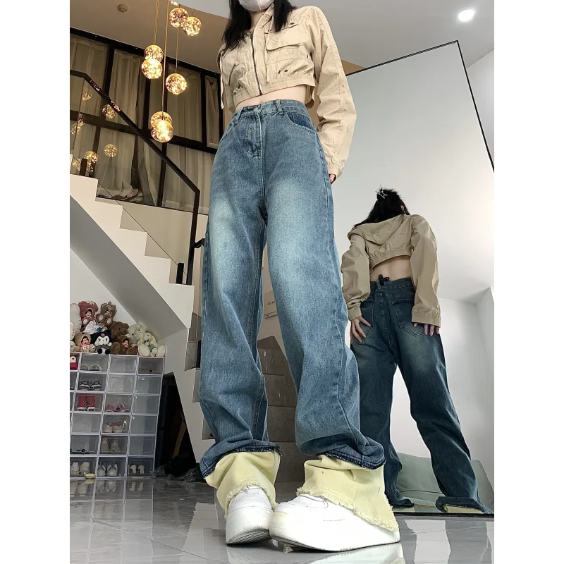 

Blue Women Jeans High Waist American Contrasting Colors Fashion Streetwear Wide Leg Jean Female Trouser NEW Baggy Denim Pants