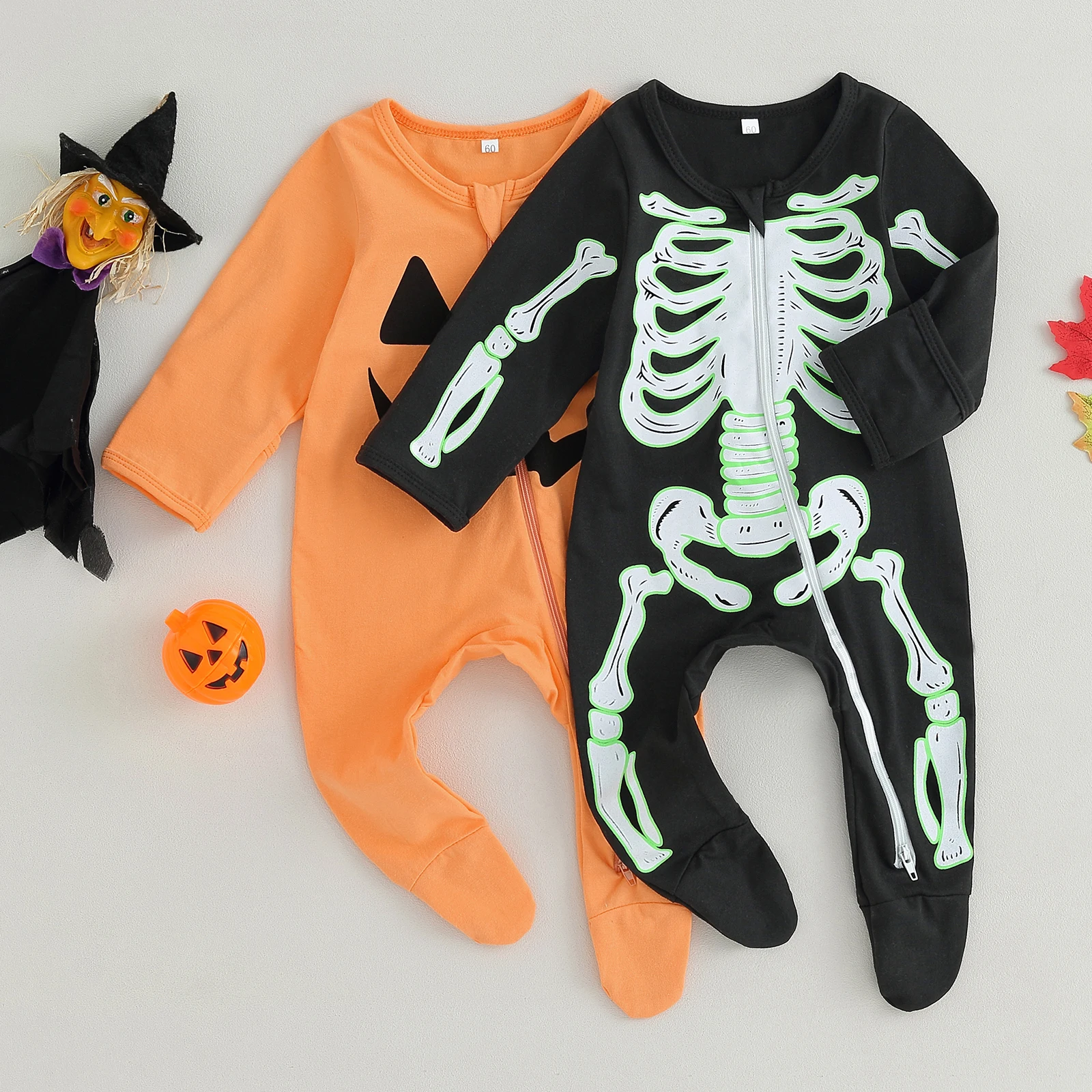 Pudcoco Baby Girls Boys Footies Rompers Halloween Clothes Pumpkin Face/Skeleton Pattern Long Sleeve Toddler Fall Bodysuits 0-18M