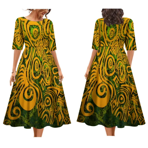 

New Tapa Melanesia Pacific Island Design Plus Size Dresses Women Lady Elegant Pleated Swing Fit And Flare Maxi Dress Custom