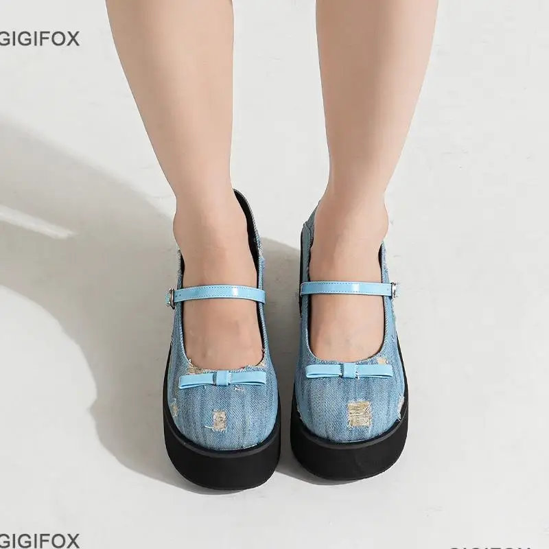 GIGIFOX High Platform Women Mary Jane Pumps Shoes Bow Knot Denim Blue Sweet Cute Mary Janes Shoes Woman School Pumps 2023 Spring