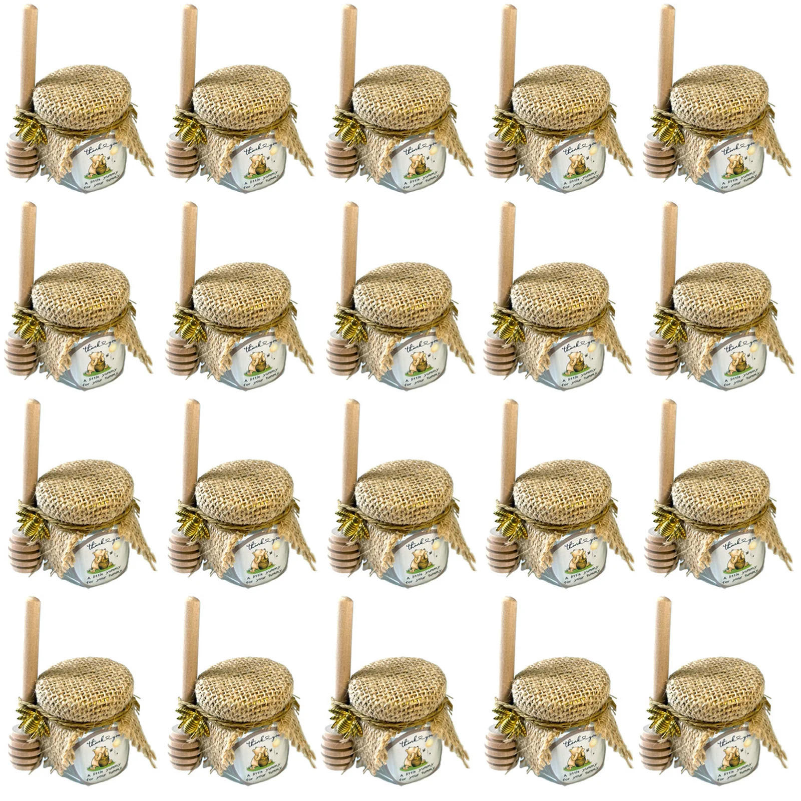20pcs 1.5oz Little Glass Honey Jar-Glass Honey Jars with Gold Lids, Wooden Dippers, Bee Charms and Jutes for St. Patrick&rsquo;s Day
