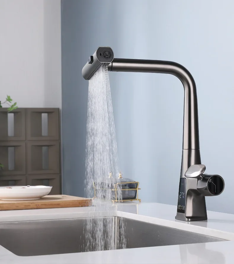 Kitchen Household Rotating and Stretchable Sink Digital Display Faucet, Waterfall Multifunctional Pull Kitchen Sink  Faucet