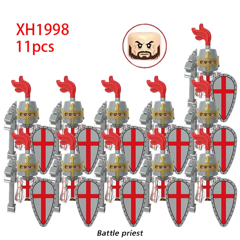 11pcs 중세 고대 무거운 기갑 기사 기사 십자군 군사 Soildiers 무기 모델 빌딩 블록 어린이 장난감