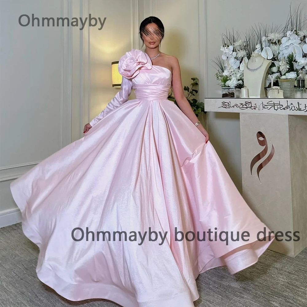 

Pink Evening Dresses One Sleeve Satin A Line Formal Prom Dress with Flower Arabian Dubai Wedding Guest Gowns Floor Length