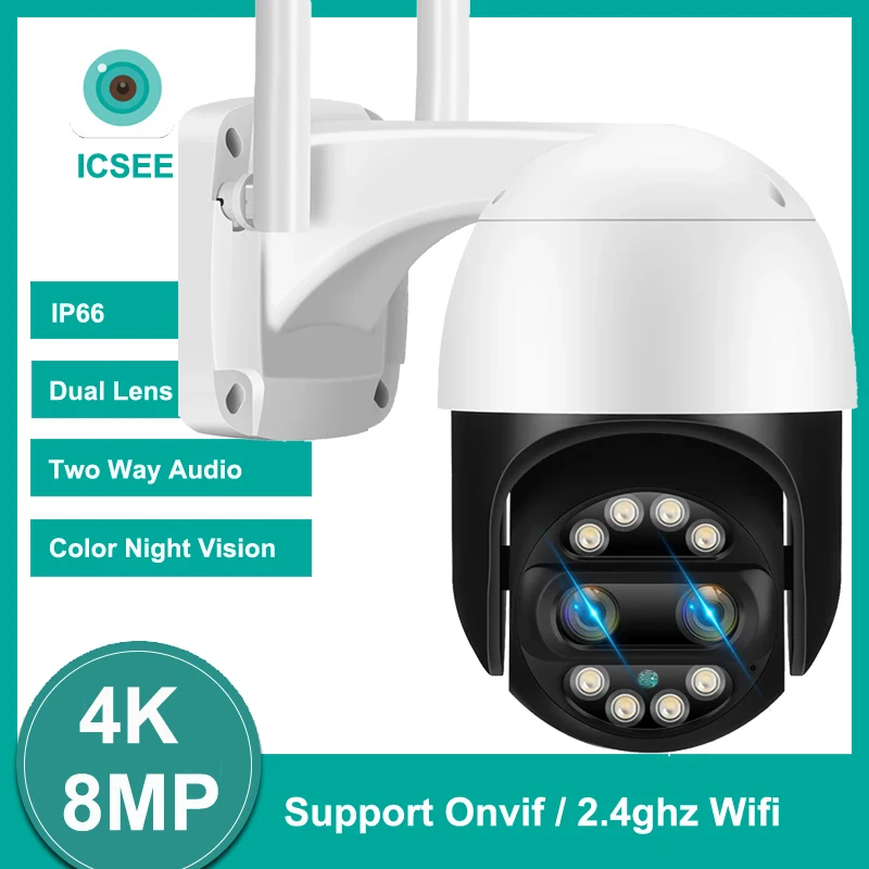 HONTUSEC iCSee 8MP 4K IP Camera 2.8+12mm Dual Lens Outdoor PTZ Camera 8X Zoom Two Way Audio Ai Human Detection Security Camera