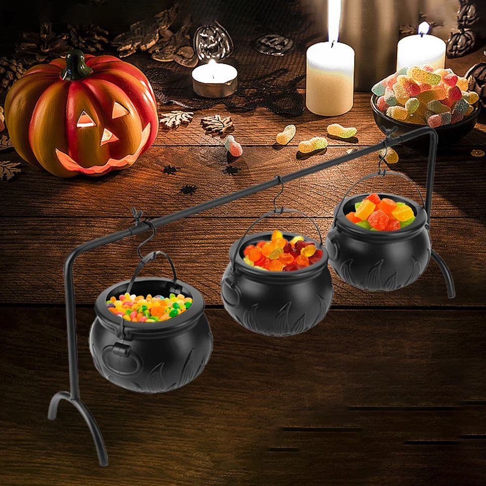 Witches Cauldron Serving Bowls Set - 9 Piece Halloween Party Decor With Shelf & Hooks, Black Plastic Candy Buckets