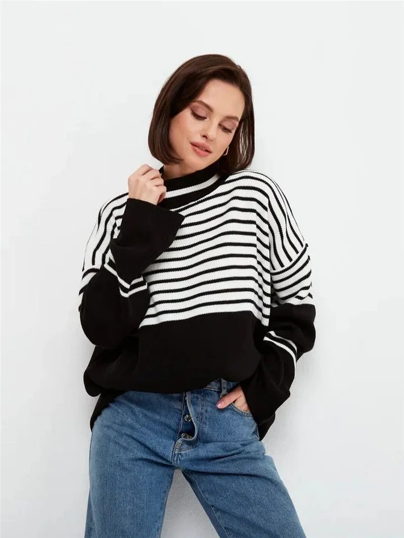 

Women Striped Printed Sweaters Winter Y2K Clothes Korean Knitted Pullovers Casual O-neck Knitwear Fall Loose Jerseys HY028
