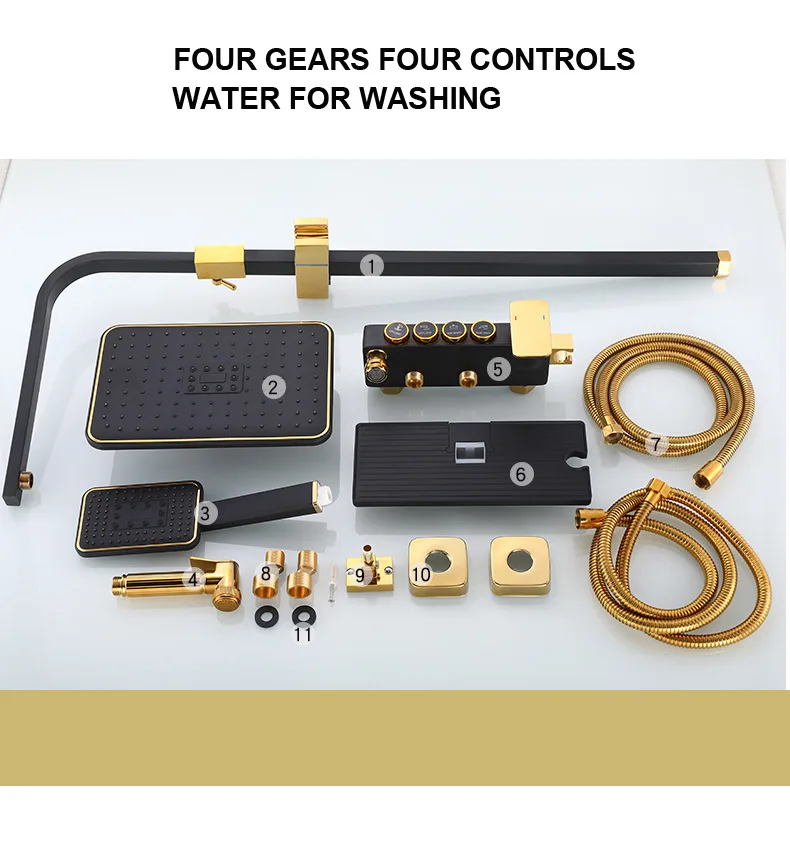 KEMAIDI Black Gold Shower Faucet Set Bathtub  4-way Mixer  Tap with Bidet and Shelf  Bathroom Rainfall Shower Systerm Wall Mount 6