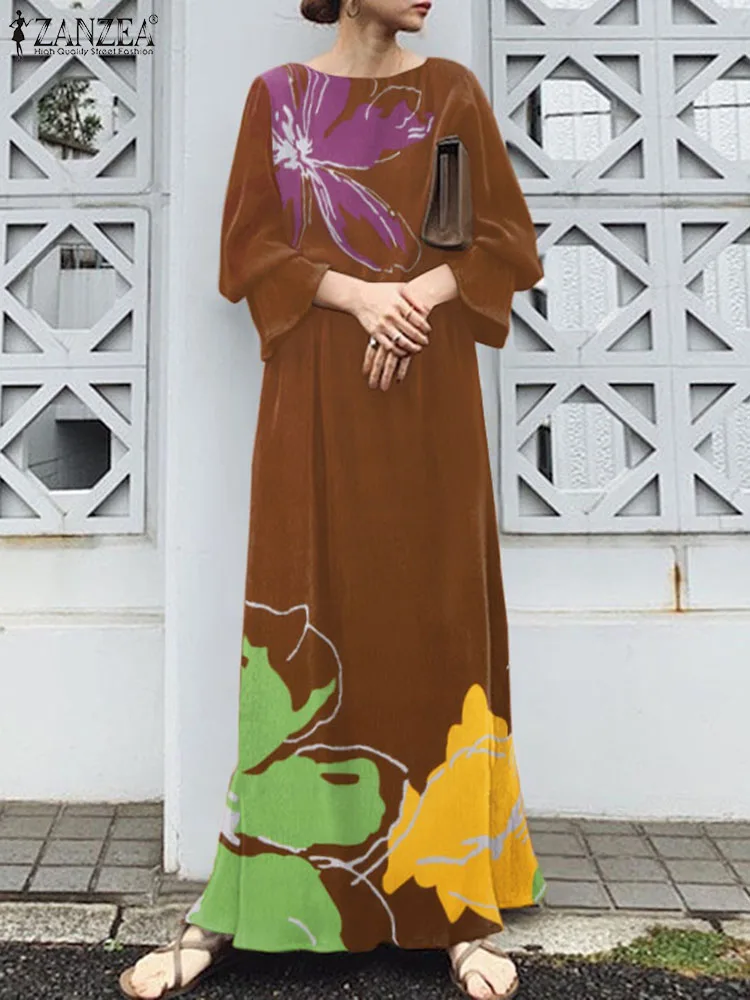 

Винтажный сарафан ZANZEA с расклешенными рукавами, женское вечернее платье с круглым вырезом, повседневное простое длинное платье с разрезом, богемное Платье макси с цветочным принтом