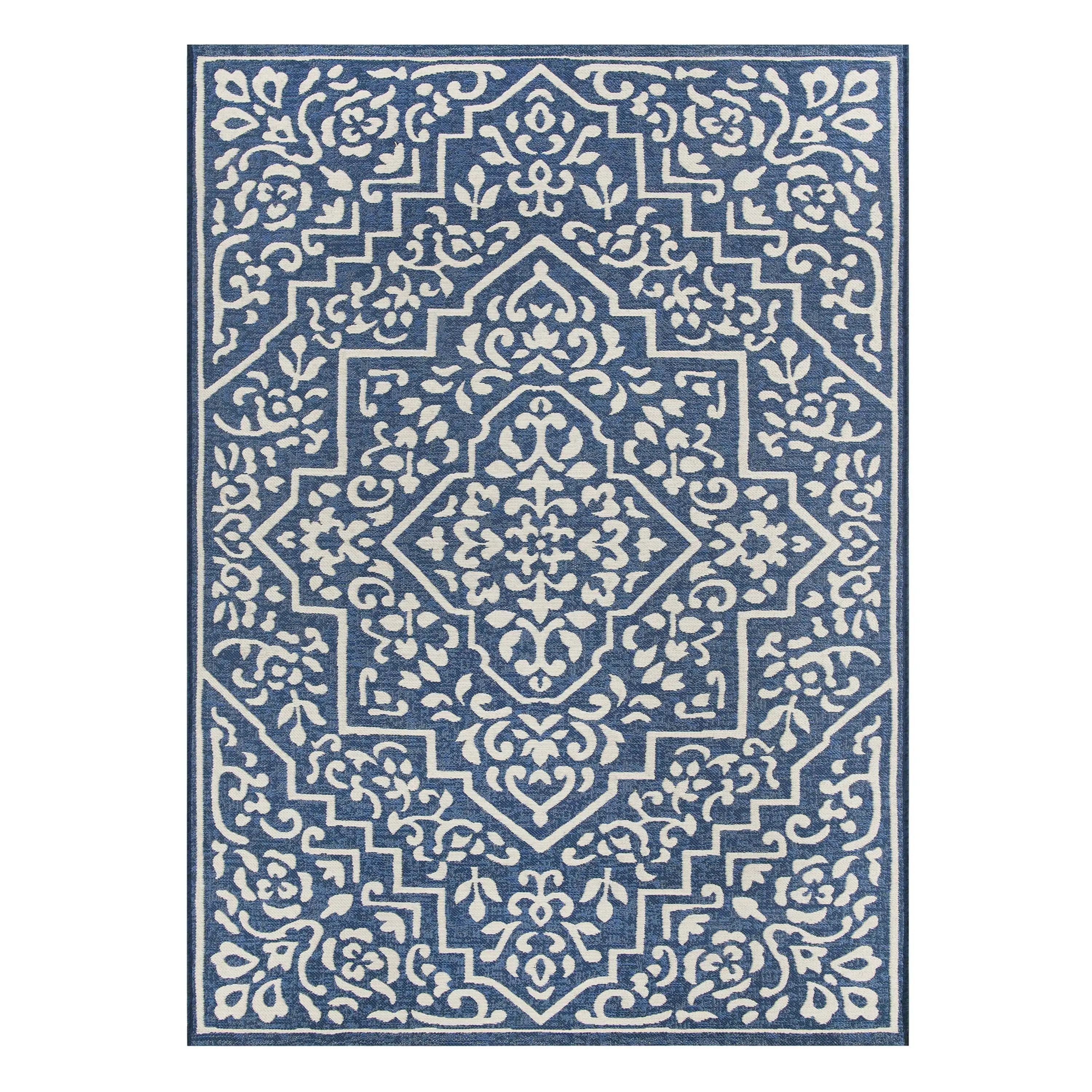 

Traditional Medallion 5' X 7' Outdoor Rug - Polypropylene/Polyester - Blue/Ivory