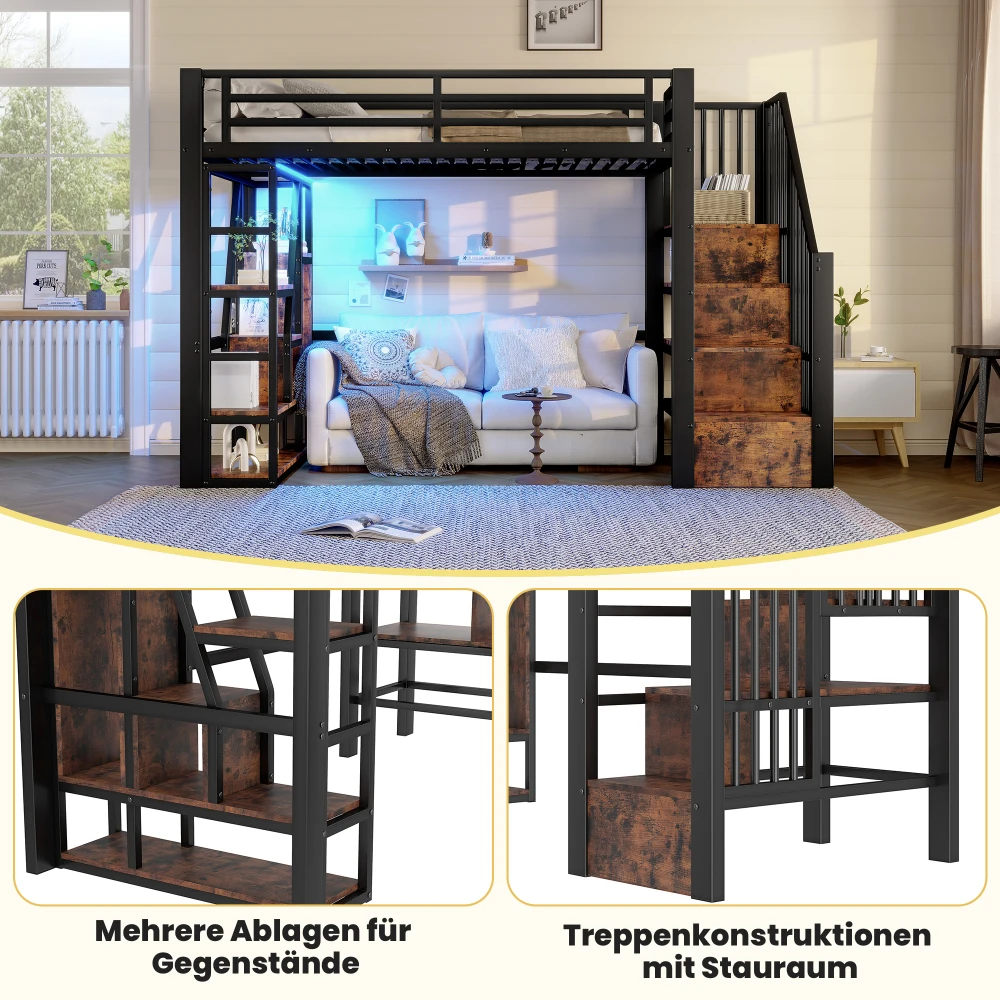 90 x 200 cm/140 x 200 cm Hochbett, Eisenrahmen, integrierte Stufen, Geländer, Leiter, mit LED-Lichtleiste, offener Stauraum unter dem Bett – Detail 4