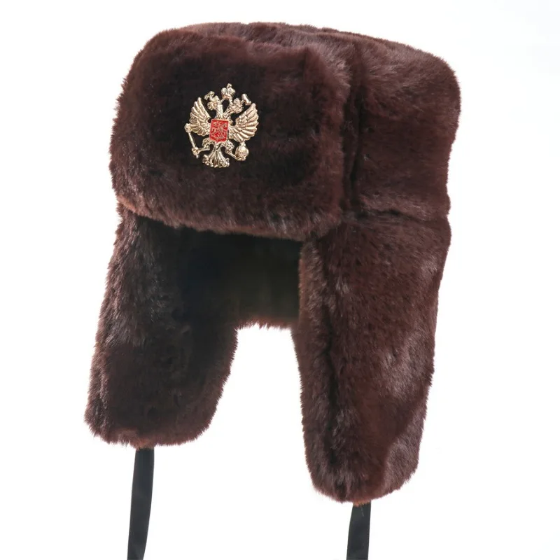 Russian Bomber Cap Outdoor Warm Earmuffs Men and Women Universal Winter Ski Caps Military Badge Thickened Hats