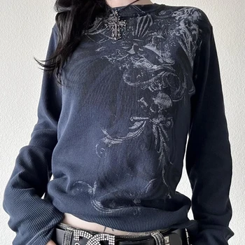 Y2K Grunge Cyber Mall Goth Thermal T-shirt Skulls Graphic Print Long Sleeve Pullovers Tops Women 90s Vintage Aesthetic Tees 1