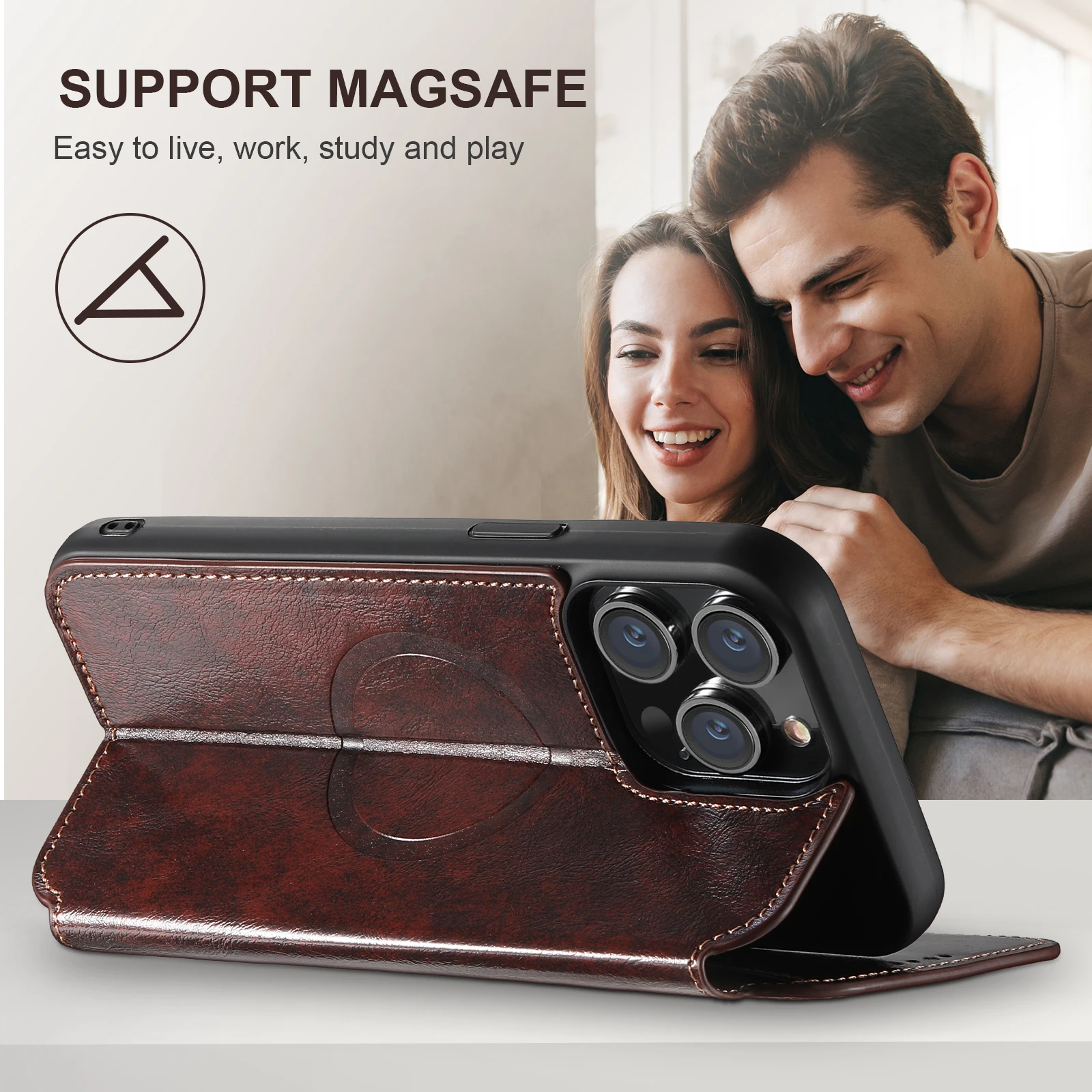 SUTENI Magsafe Leather Phone Case For iPhone 12 13 14 15 16 17 Pro Max Plus Flip Cover Wallet For Men Card Holder
