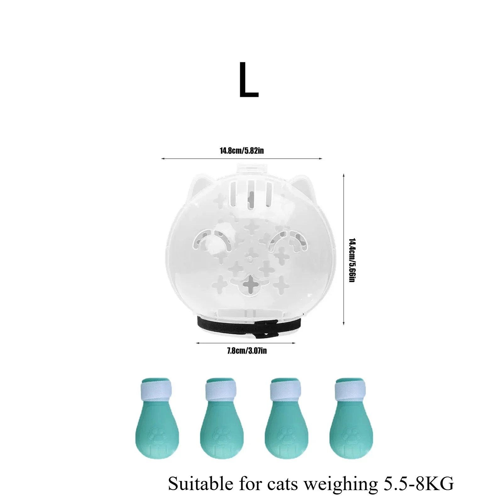 KittyNook Cat Co. Calm Cat Transparent Protective Visor with teal claw caps, fits 5.5–8 kg cats for stress-free grooming.