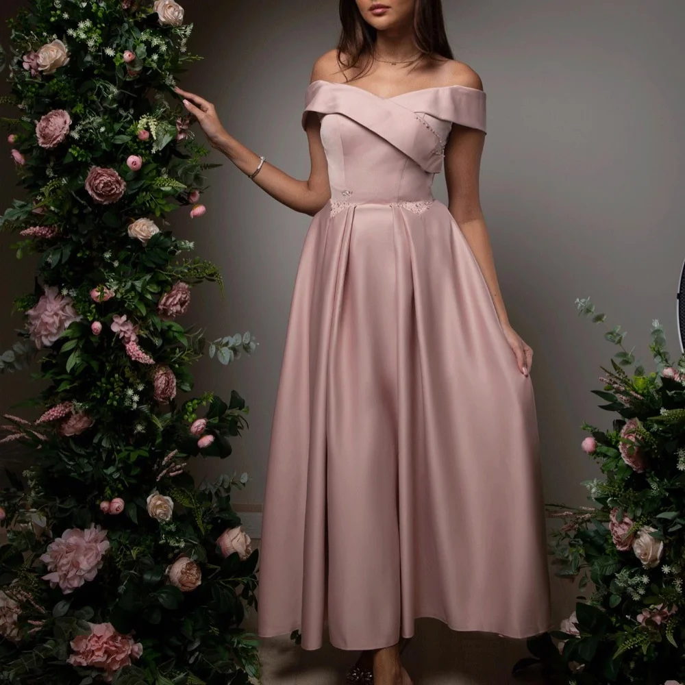 Evening Satin Beading Draped Evening A-line Off-the-shoulder Bespoke Occasion Gown Midi Dresses Saudi Arabia