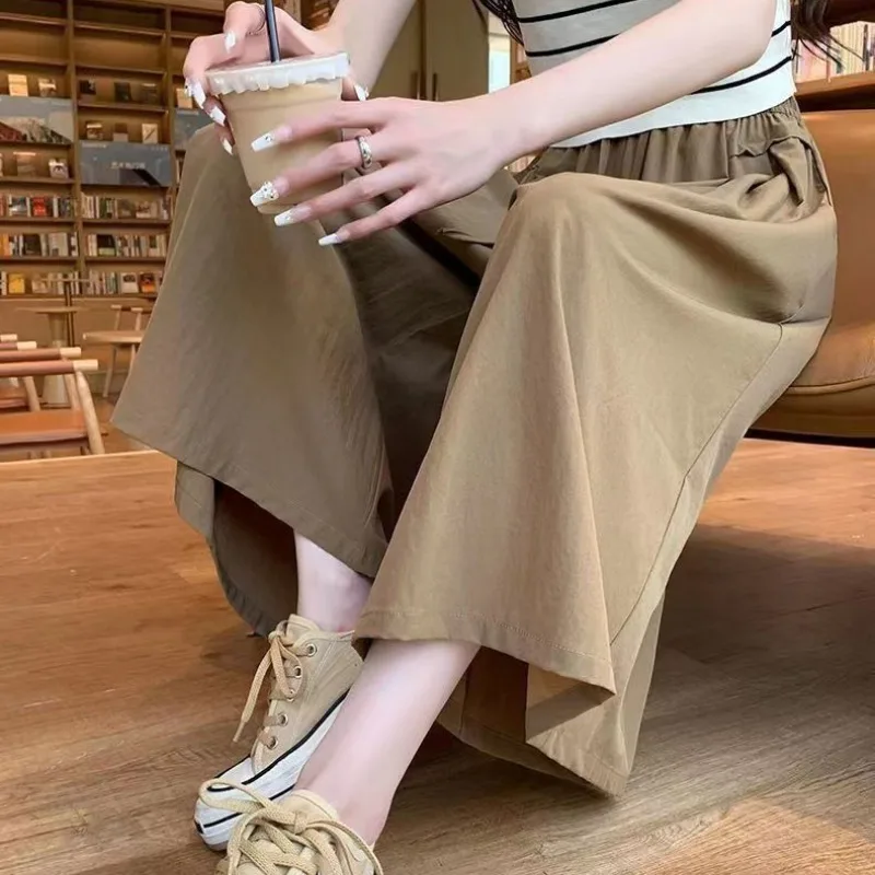 Women's Clothing Spring Summer Solid Color Elastic High Waisted Pockets Drawstring Shirring Casual Chiffon Preppy Style Pants