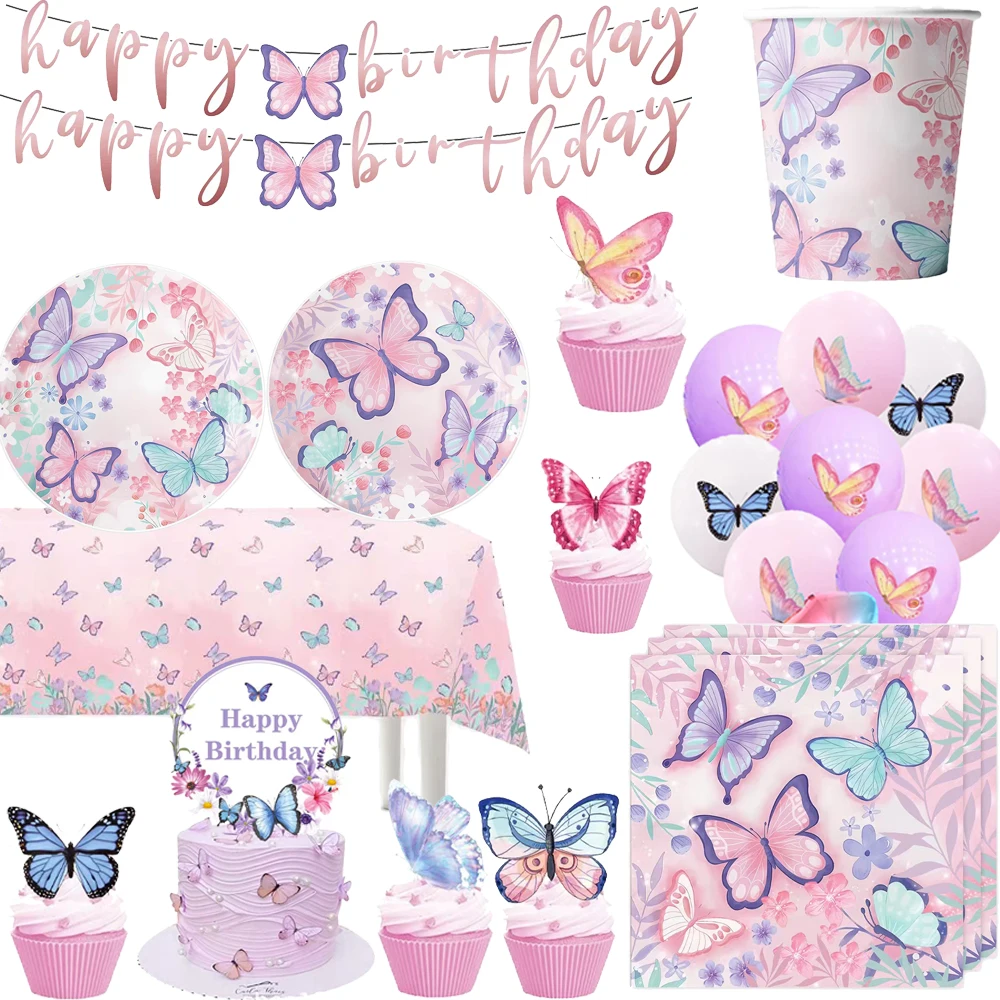 Pink Purple Butterfly Disposable Set Tableware Paper Plate Cup Napkin Banner Butterfly Birthday Party Decor Baby Shower Wedding