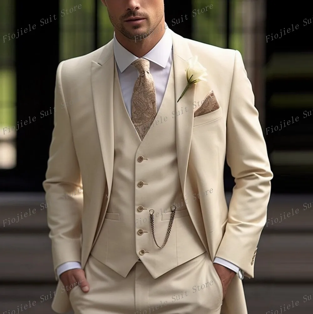 

New Beige Men Business Suit Groom Groomsman Wedding Party Prom Formal Occasion Tuxedos 3 Piece Set Jacket Vest Pants