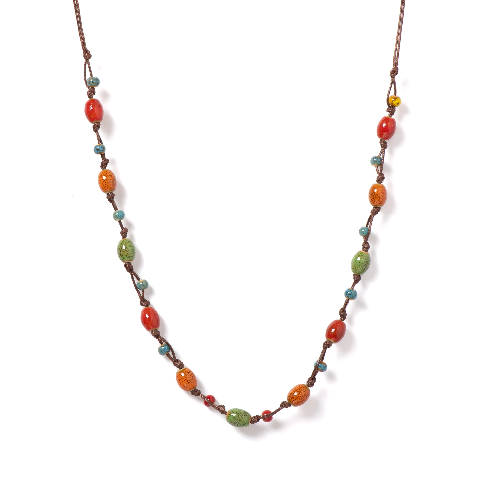 Handcrafted Bohemian Ceramic Necklace with Adjustable Wax Cord