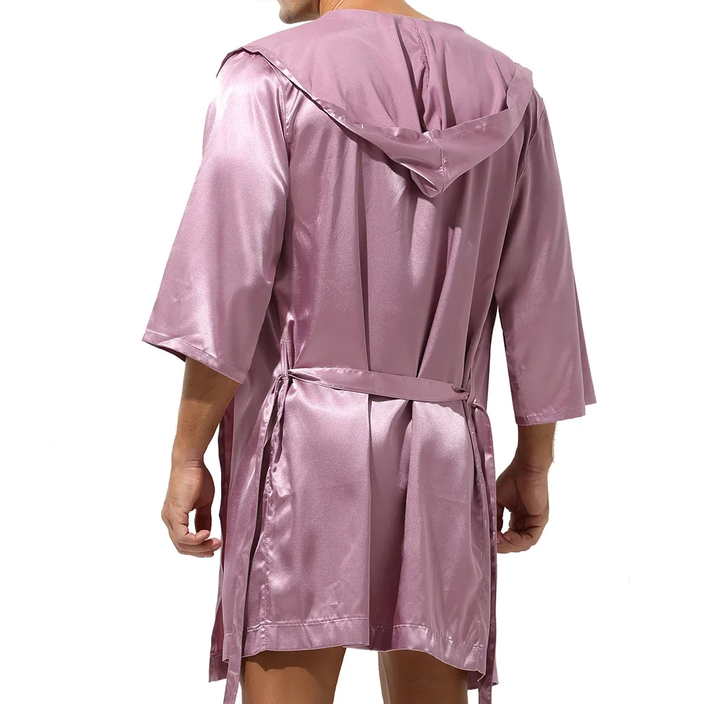 Men Hooded Silk Bathrobe Shorts Sleepwear Pajamas Nightwear Dress Gown Silk Satin Kimono Nightgown Bathrobe Shorts Night Clothes