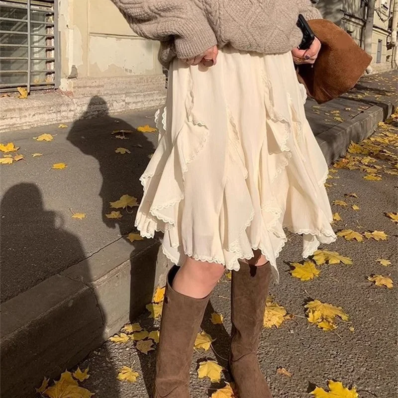 Spring Summer Autumn Elastic High Waist Cake Skirts Irregular Lace Patchwork Skirt for Women Tulle Skirt Chiffon Layered Skirts