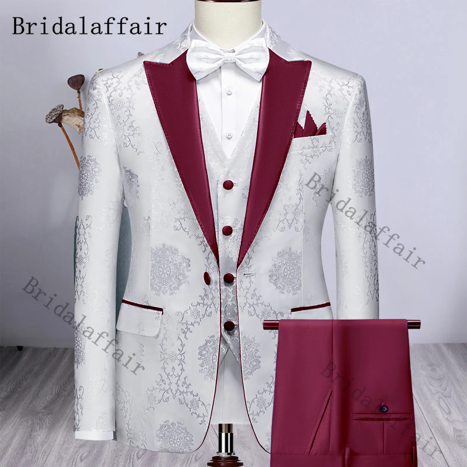 Bridalaffair Printed Men Suit White Wedding Suit Tuxedo for Men Peaked Lapel Costume Homme Single Breasted 3pcs Blazer Vest Pant