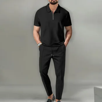 Set di polo in maglia waffle stile europeo e americano a maniche corte e pantaloni lunghi, opzioni multicolore, abbigliamento sportivo casual per il fitness