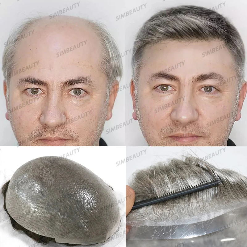 

100% Virgin Human Hair Men Toupee Natural Hairline 1B80 Grey Hair Prosthesis for Old Man Super Thin Vlooped PU Base Man Toupee