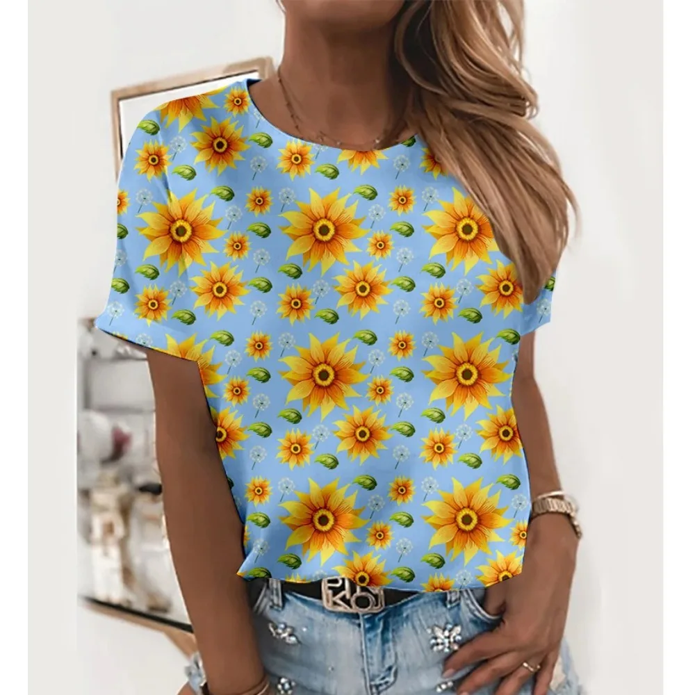 

Summer Floral T-shirt Fashion Women Short Sleeve Kawaii Sunflower T-shirt Sweet Casual Loose Tops O-Neck Comfortable Blusa