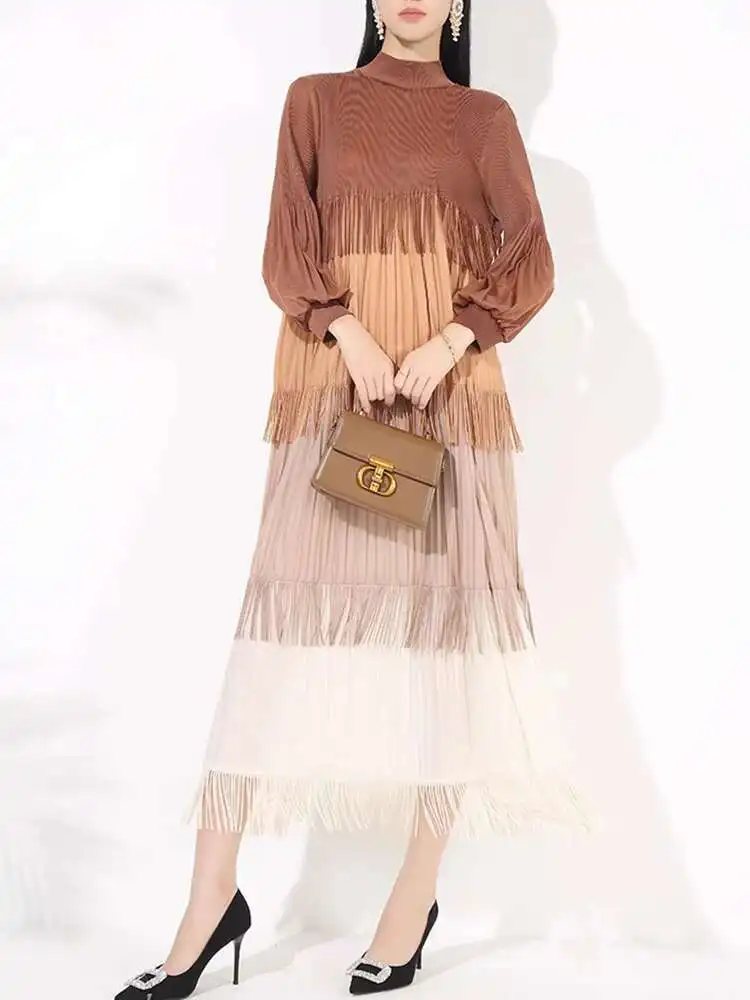 LANMREM 2025 Spring Pleated Long Dress For Women Contrast Color Tassel Design A-line Dresses Elegant Party Clothing 2VV2055 - Image 5