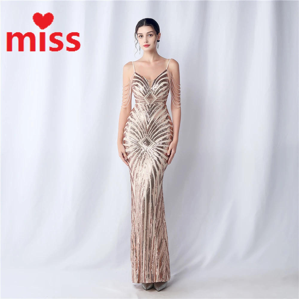 

Luxury Party Dress Elegant New Arrivals Sexy Women's V-Neck Tassel Beaded Wedding Formal Long Fishtail Suspenders Evening Dress