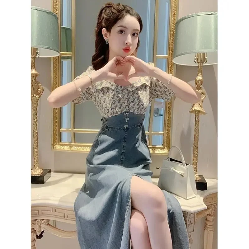 

Женское длинное джинсовое платье в стиле богини с квадратным вырезом Длинная юбка